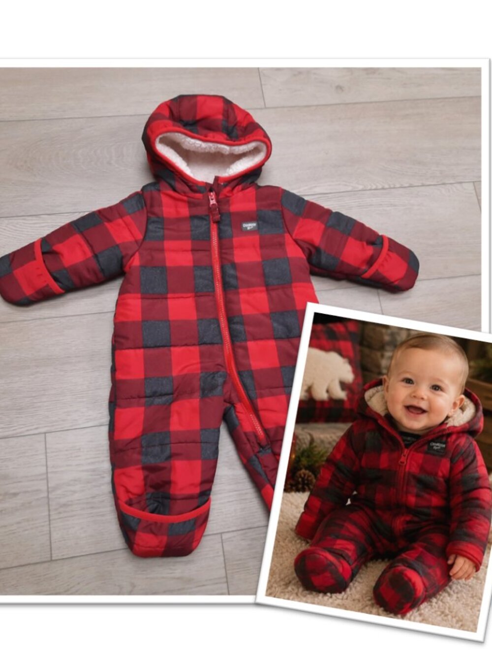 OshKosh B'gosh Buffalo Plaid Sherpa-Lined Puffer Snowsuit - Red/ Black, 3-6 mth